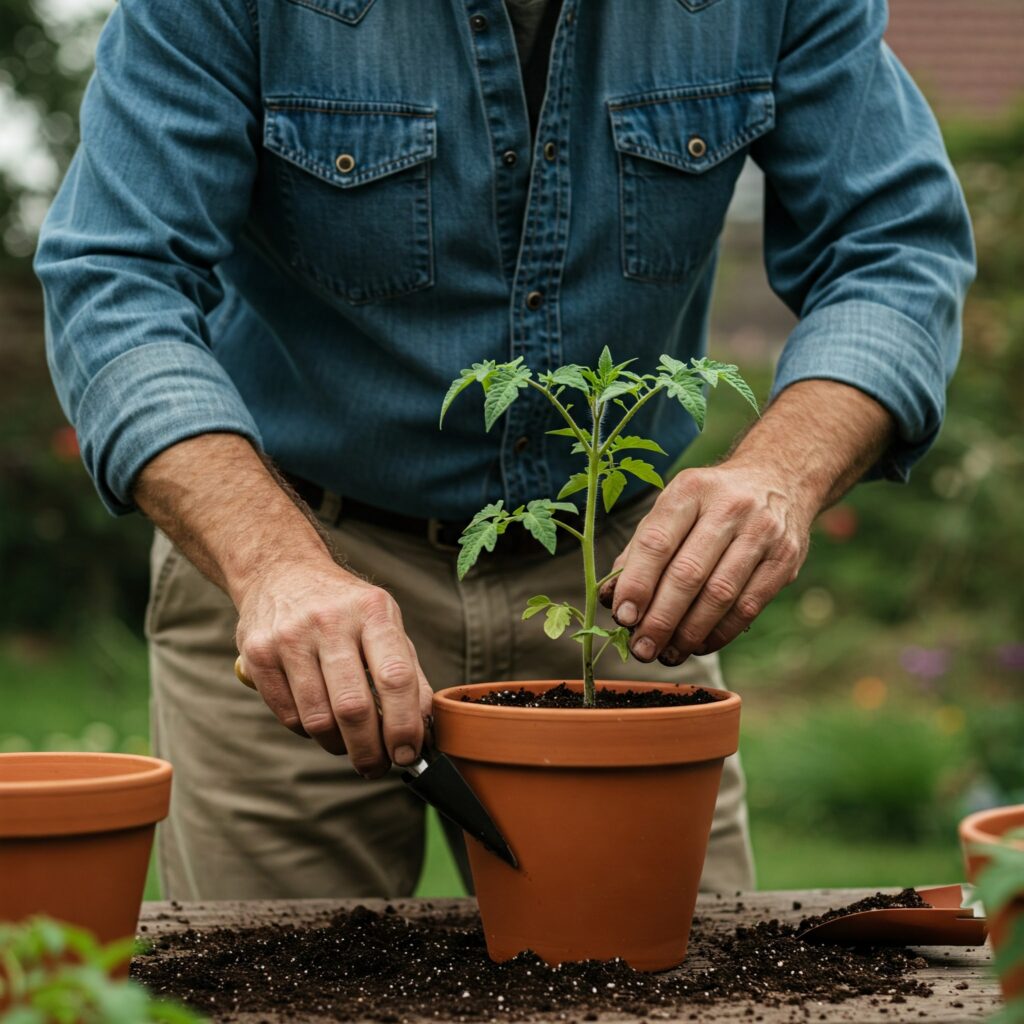Homme rempote délicatement un jeune plant de tomate dans un pot en terre cuite sur une table de jardinage.